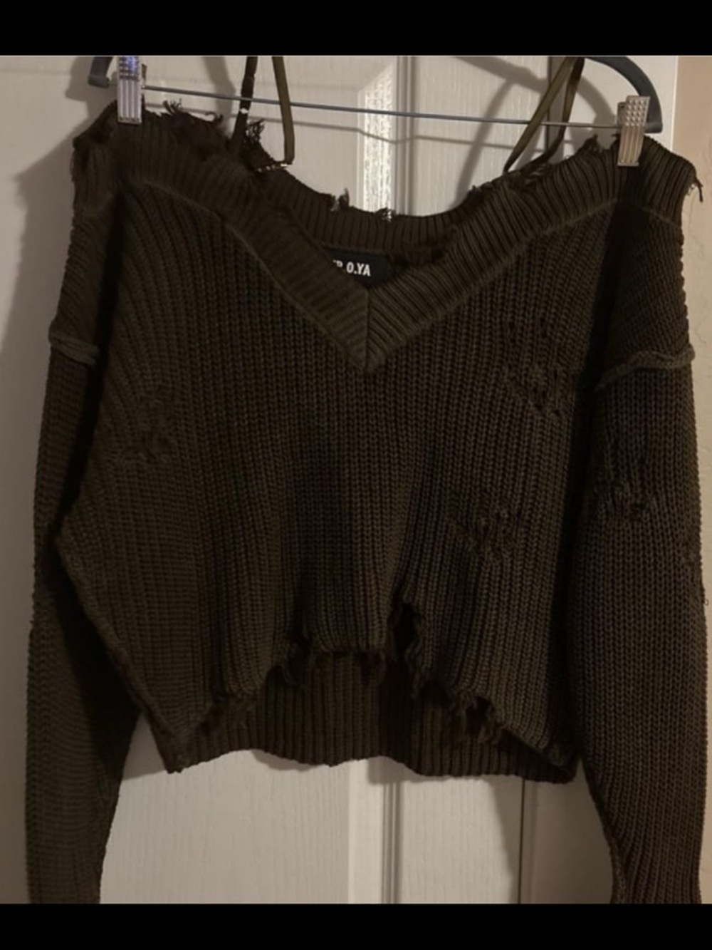 SER.O.YA Olive Distressed Cold-Shoulder Sweater